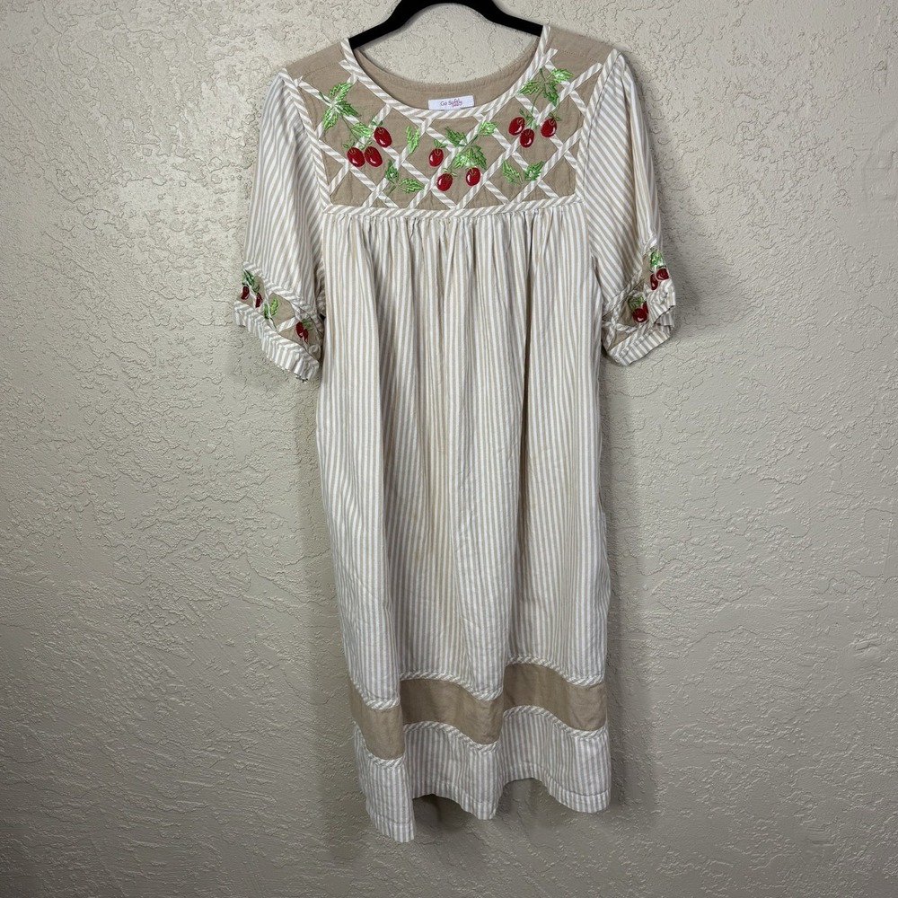 Go Softly Cottagecore Pinafore Dress Womens Sz M Cherry Lattice Appliqué Pockets